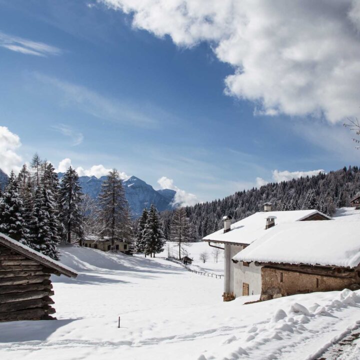 Landschaft im Winter mit Schnee Baita La Ritonda Val Canali